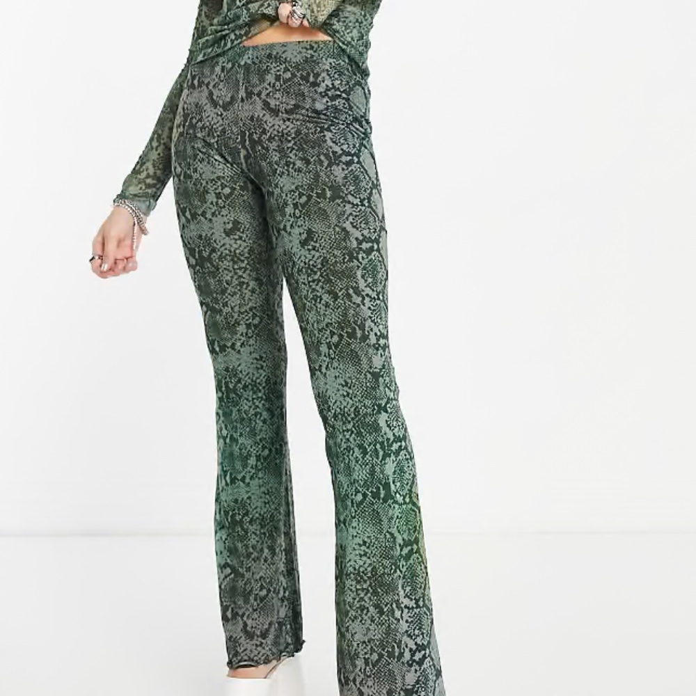 Weekday polyester flared pants in green snake print